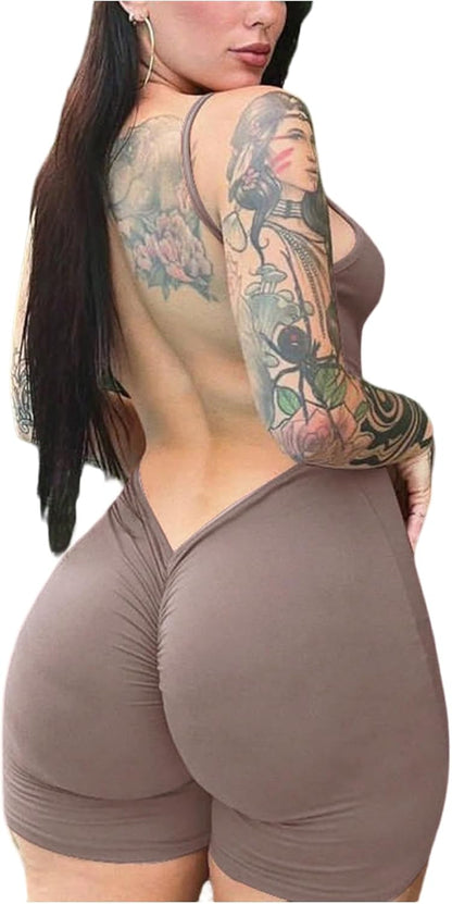 GORGLITTER Women's Backless Rompers One Piece Workout Jumpsuit Open Back Ruched Gym Shorts Bodysuit Unitard Dressy 2025