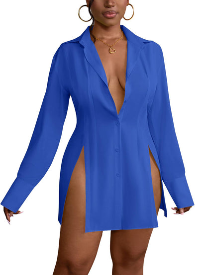 LYANER Women's Button Down Shirt Dress Collar V Neck Long Sleeve Slit Sexy Shirt Dresses