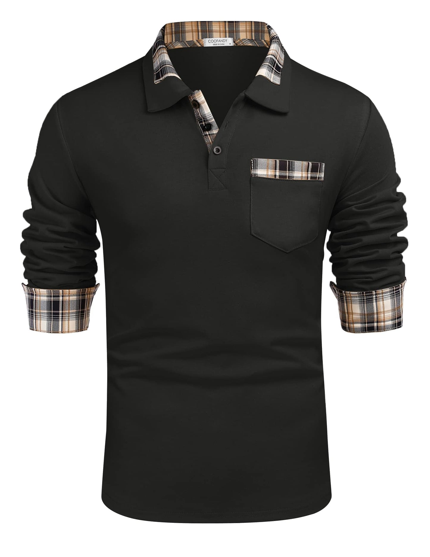 COOFANDY Men's Casual Polo Shirt Long Sleeve Classic Plaid Button Tees with Pockets