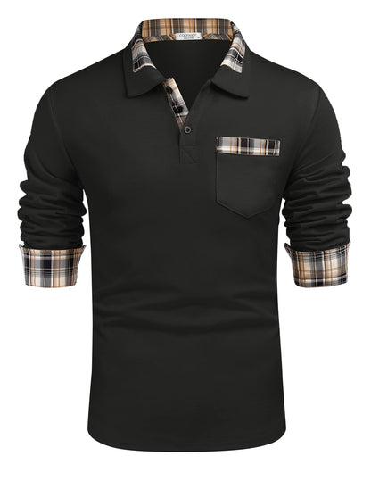 COOFANDY Men's Casual Polo Shirt Long Sleeve Classic Plaid Button Tees with Pockets
