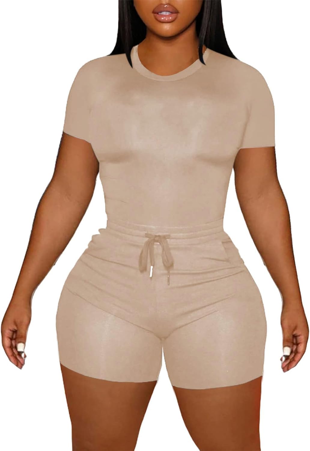 LovelyWholesale Women's Summer 2 Piece Outfits Skinny Shorts Tracksuit Sets