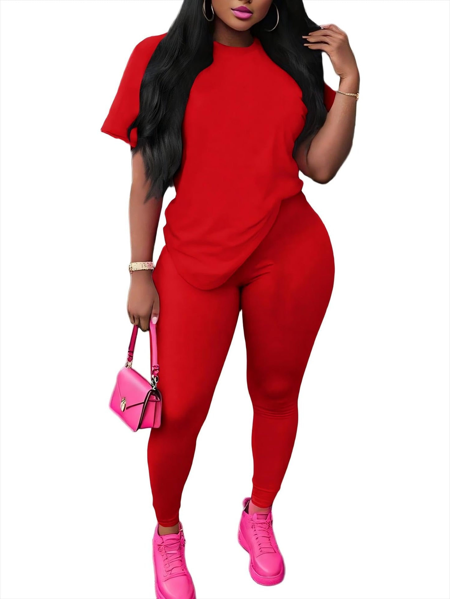 Nimsruc Women 2 Piece Outfits Summer Lounge Set Matching Jogger Sets Short Sleeve Tracksuit Loungewear Sweatsuits