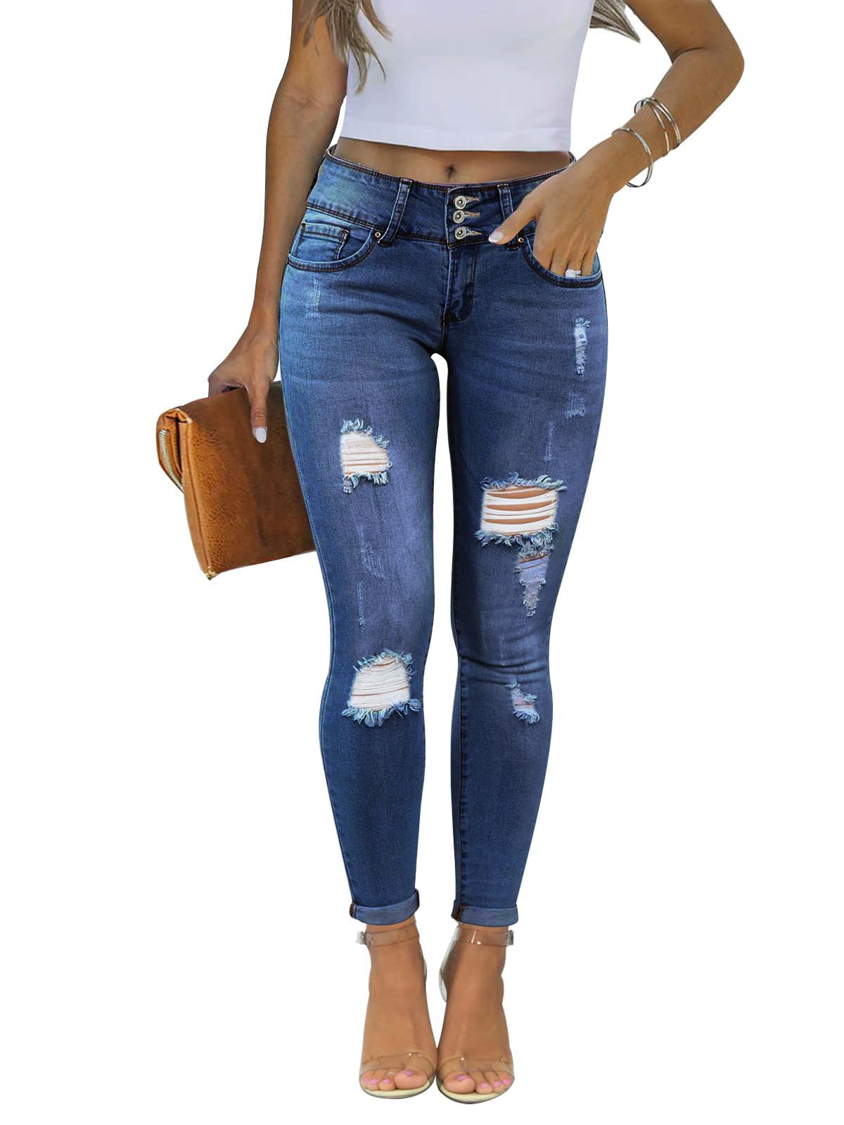 KUNMI Women's Skinny Ripped Trendy Jeans Distressed Stretchy Denim Pants