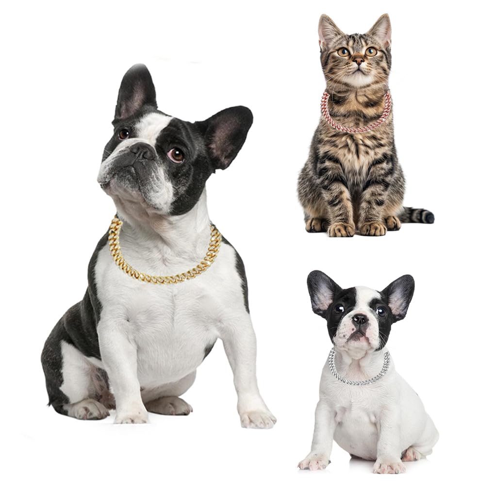 Bling Dog Collars for Small Dogs,Dog Chain Collars, Diamond Necklace Metal Choke Cuban Link Dog Collar, 13mm Wide Pet Jewelry for Puppy Small Medium Large Dogs Cats Rose Gold (8inch)