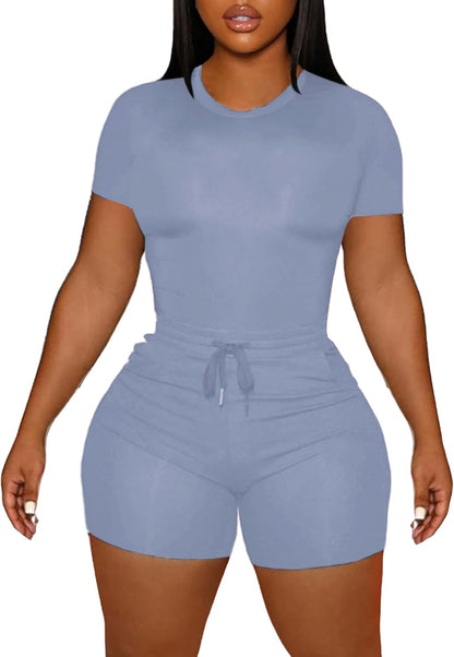 LovelyWholesale Women's Summer 2 Piece Outfits Skinny Shorts Tracksuit Sets