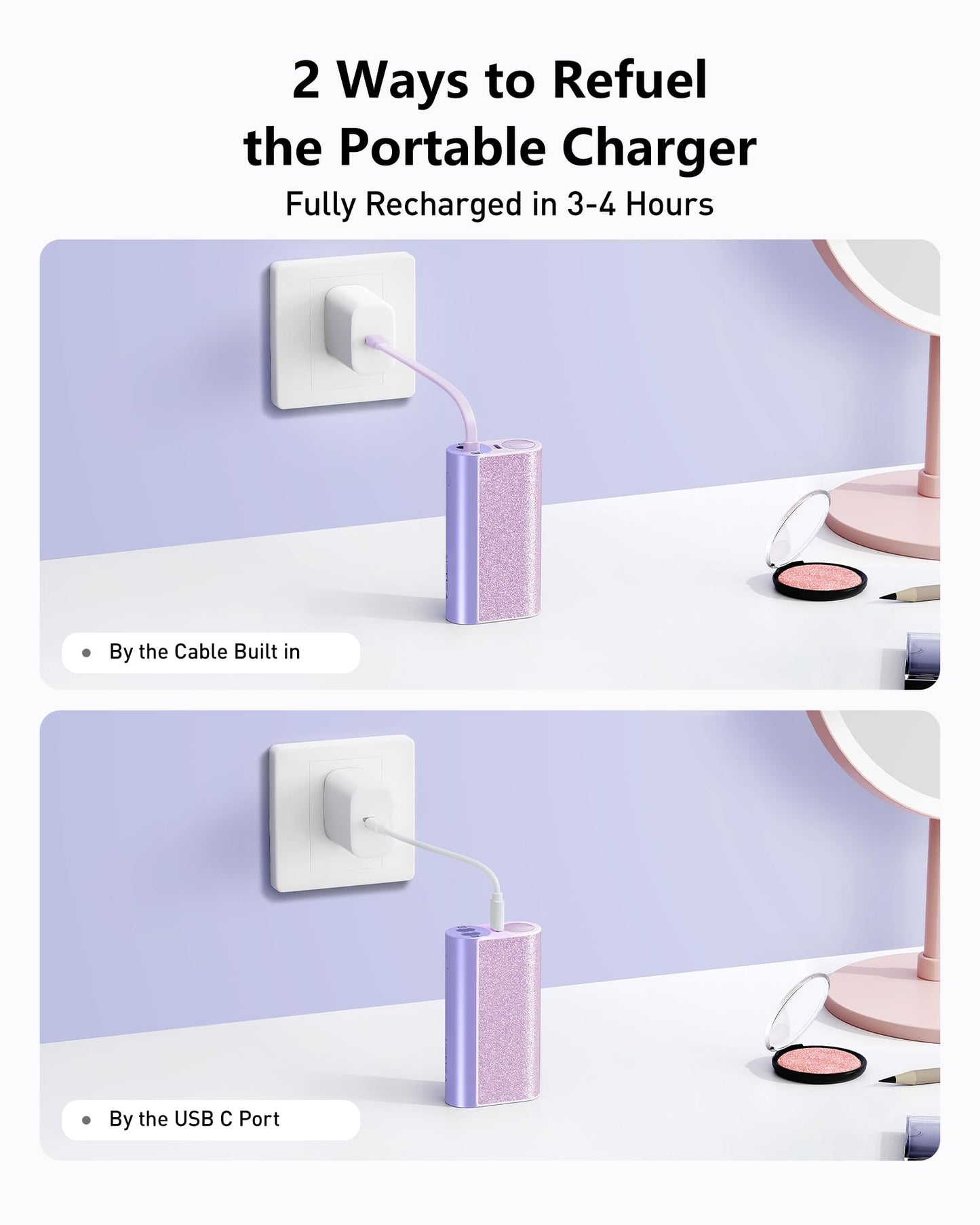 VEGER Compact Portable Charger with Built in Cable(Removable), 10000mAh Cute Power Bank 20W Fast Charging, Sparkling Battery Pack Fashion Travel Accessory Compatible with iPhone 15/14, Android-Purple