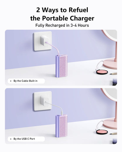 VEGER Compact Portable Charger with Built in Cable(Removable), 10000mAh Cute Power Bank 20W Fast Charging, Sparkling Battery Pack Fashion Travel Accessory Compatible with iPhone 15/14, Android-Purple