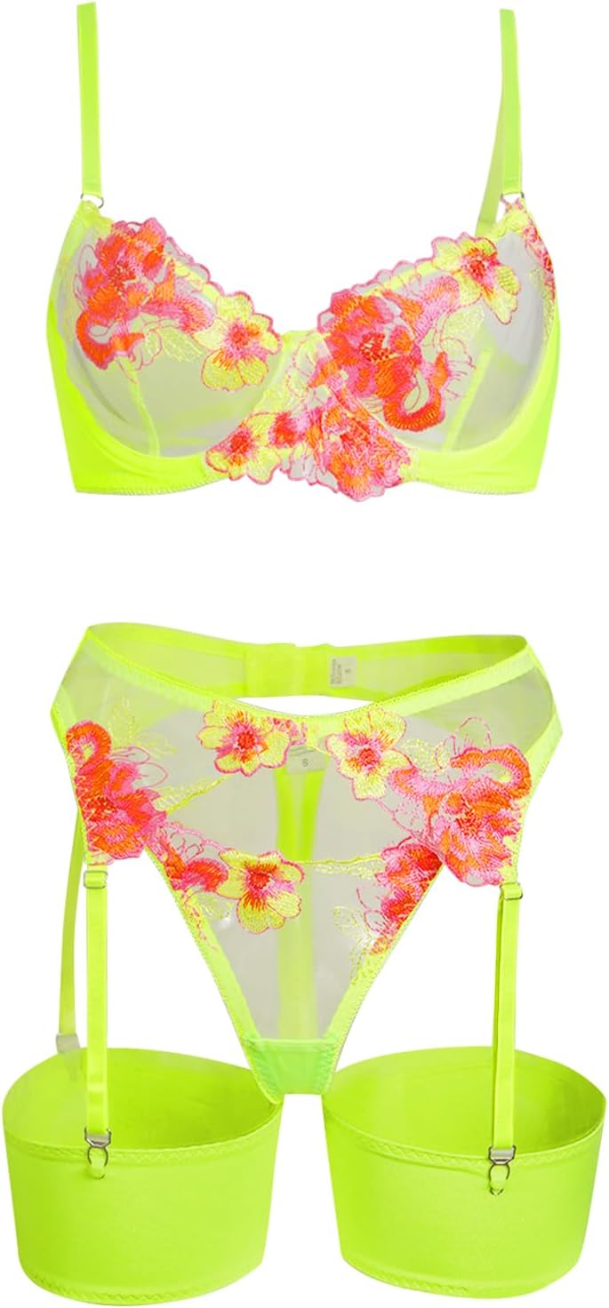 Lilosy Sexy Leaf Floral Embroidered Mesh Sheer Women Underwire Push Up Lingerie Set