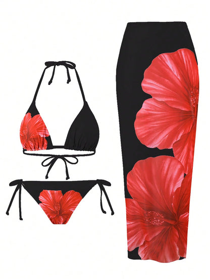 ZAFUL Womens 3pcs Swimsuit Floral Halter Triangle Bikini Top Tie Side Bottom with Long Sheer Cover Up Skirt