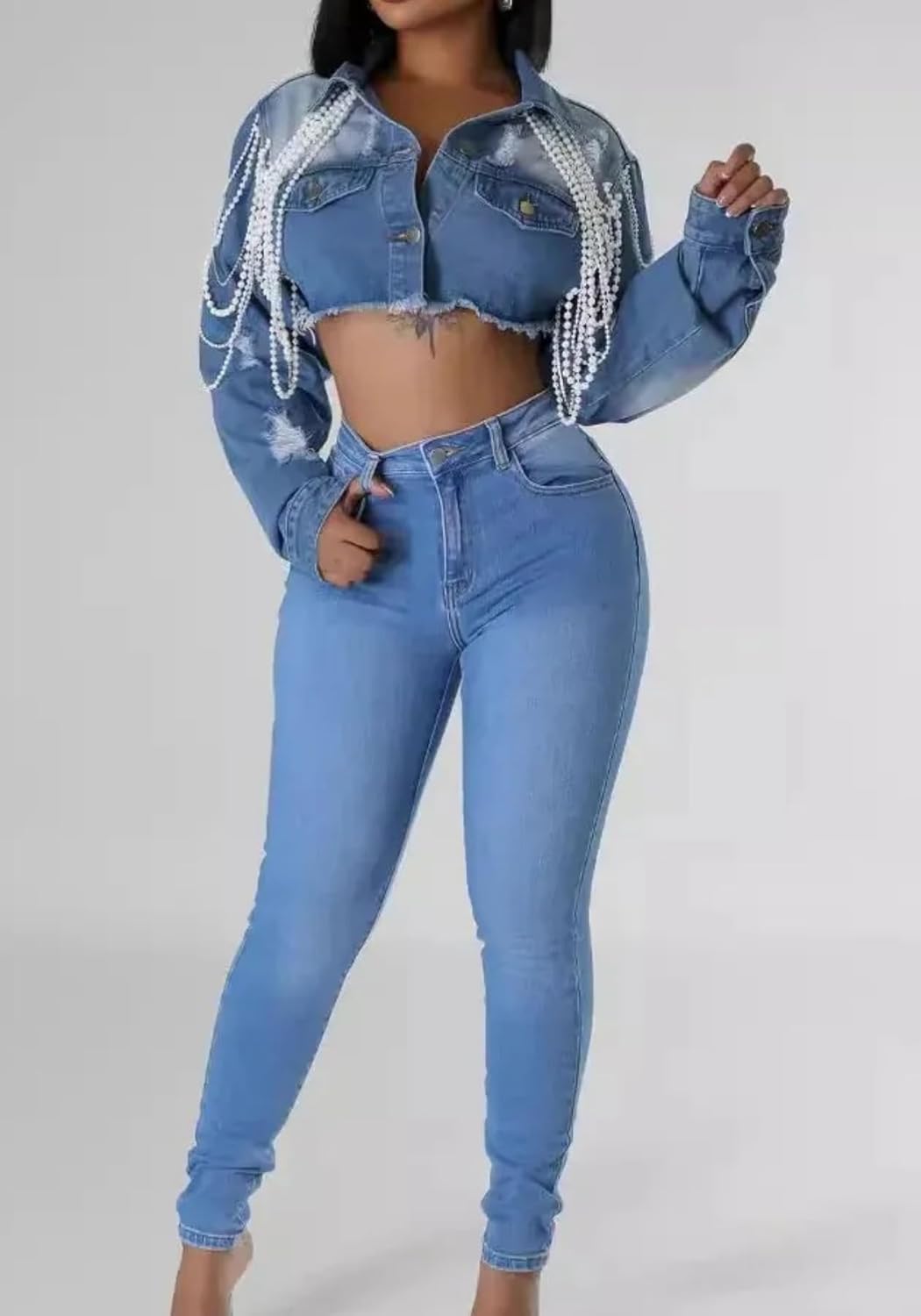 Lucuna Women's Cropped Denim Jacket Long Sleeve Trendy Pearl Distressed Crop Top Jean Jacket Coat