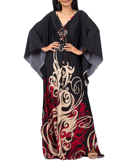 Bsubseach Women Ethnic Print Kaftan Beach Dress Plus Size Swimsuit Cover Up