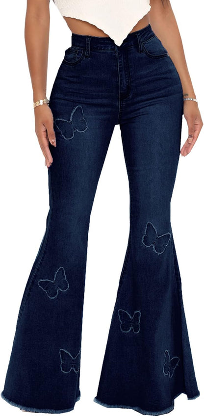 Women's Bell Bottom Jeans Classic Destoryed Ripped Flare Jeans Elastic Waist Raw Hem Denim Pants