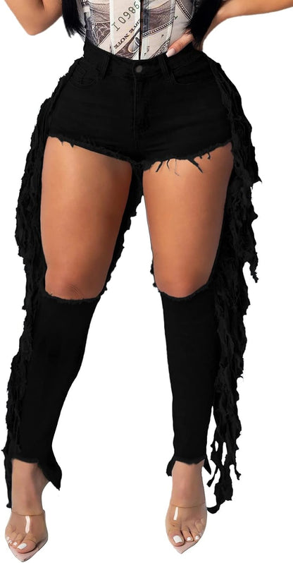 Women's Skinny Ripped Jeans Stretch Destroyed Mid High Waist Denim Pants