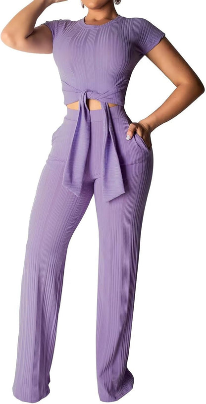 EDITCOZY Women 2 Piece Outfits Sexy Tie Front Crop Top Wide Leg Pants Sets Casual Summer Ribbed Two Piece Set