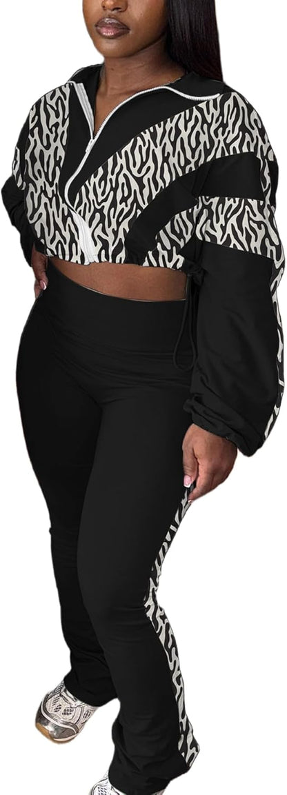 Women 2 Piece Outfit Long Sleeve Zip Up Crop Jacket High Waist Stretchy Pants