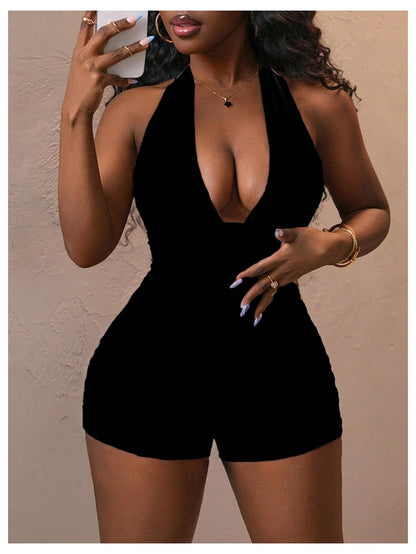 WDIRARA Women's Leopard Print Halter Bodysuit Sexy Sleeveless Romper Tie Backless Short Jumpsuit