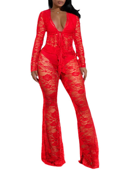 acelyn 2 Piece Lace Outfits For Women Floral Sheer Tie Frone Long Sleeve Crop Top and Flared Pants Y2K Club Outfit