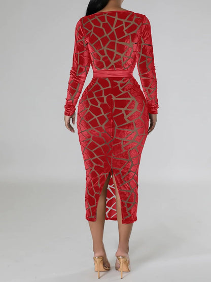 Uni Clau Women Sexy Mesh Velvet Patchwork Midi Dress Long Sleeve See Through Hollow Out Bodycon Party Club Midi Dresses