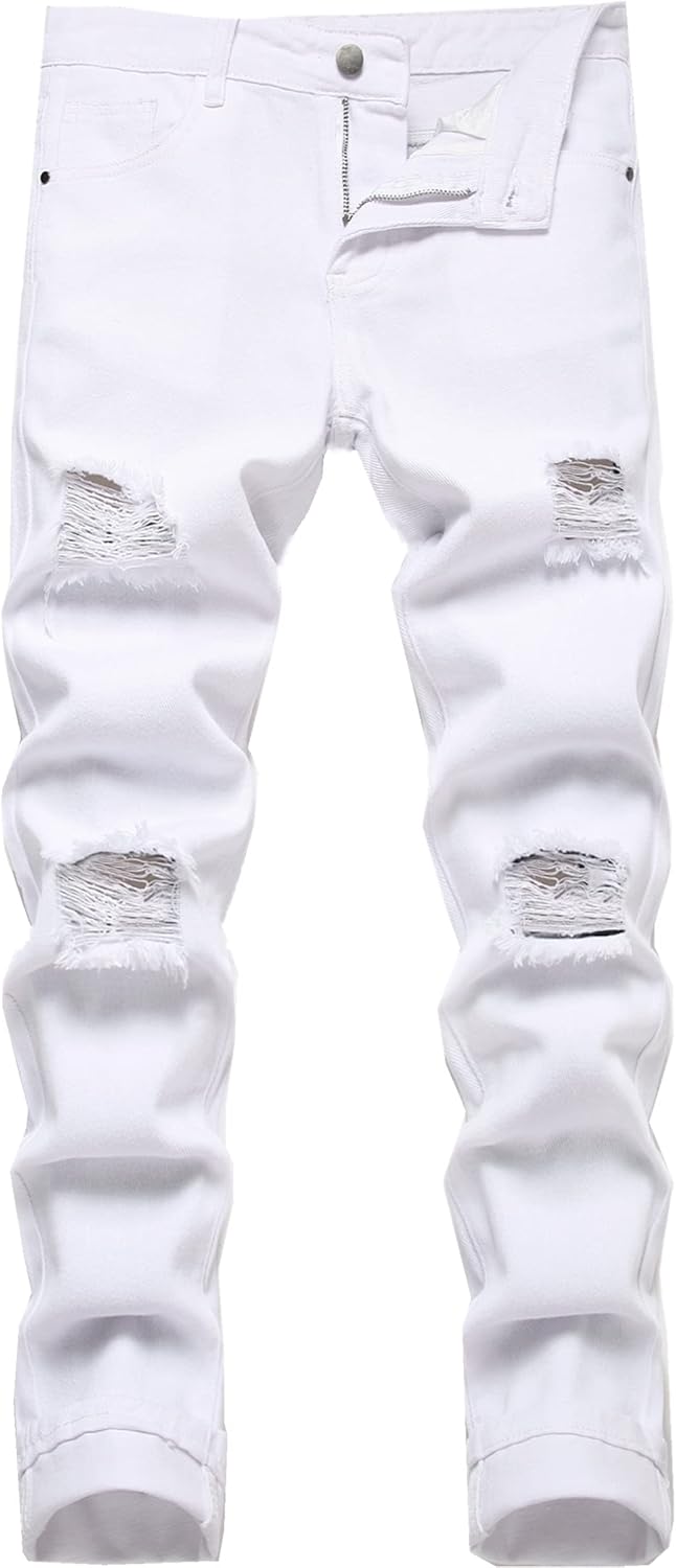 Boy's Skinny Fit Ripped Destroyed Distressed Stretch Slim Jeans Pants
