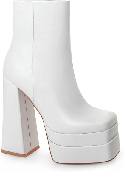 ANN CREEK Women's Double Platform Ankle Boots Chunky Heel Booties Side Zipper Square Toe High Heel Casual Boots