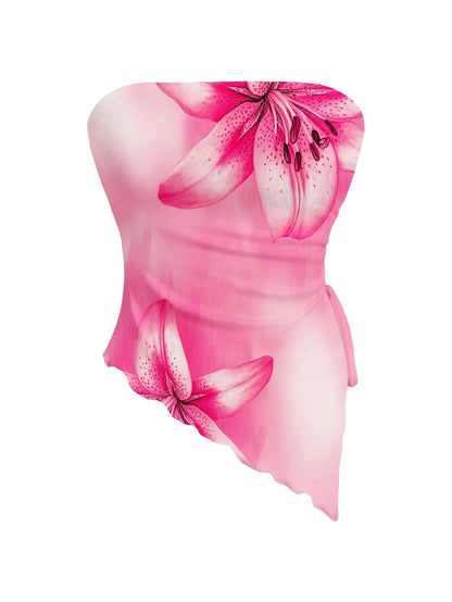 WDIRARA Women's Floral Mesh Strapless Side Ruched Tube Top Asymmetrical Hem Bandeau Crop Tops