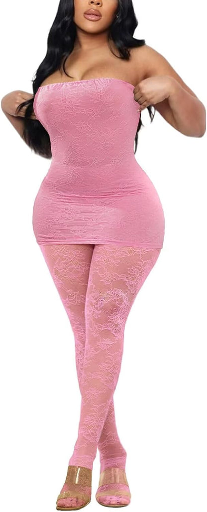 Kafiloe Sexy 3 Piece Outfits for Women Clubwear Lace Tube Mini Dress Top with Stockings Set Birthday Outfits