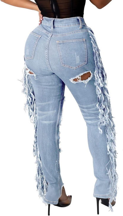 Women's Skinny Ripped Jeans Stretch Destroyed Mid High Waist Denim Pants