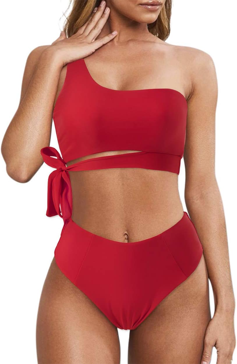 MOOSLOVER Women One Shoulder High Waisted Bikini Tie High Cut Two Piece Swimsuits