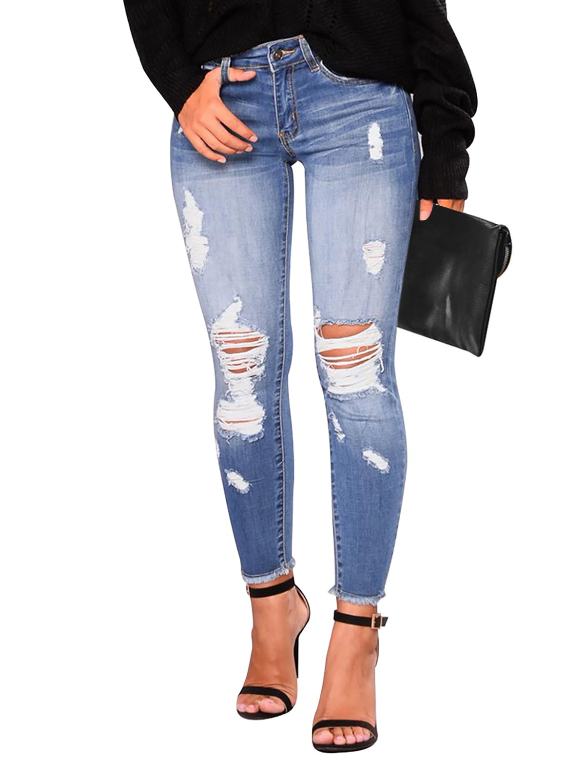 KUNMI Women's Skinny Ripped Trendy Jeans Distressed Stretchy Denim Pants