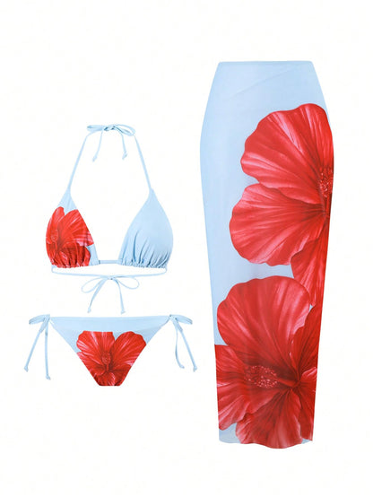 ZAFUL Womens 3pcs Swimsuit Floral Halter Triangle Bikini Top Tie Side Bottom with Long Sheer Cover Up Skirt
