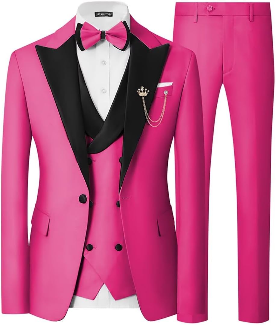 Mens 3 Piece Tuxedo Suit Slim Fit Wedding Prom Dinner Tuxedo for Men Double Breasted Suits Set with Bow Tie