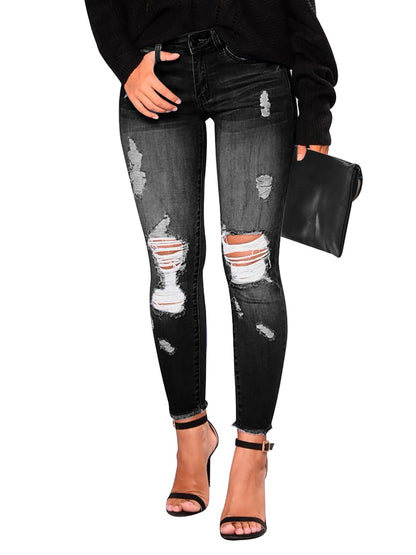 KUNMI Women's Skinny Ripped Trendy Jeans Distressed Stretchy Denim Pants