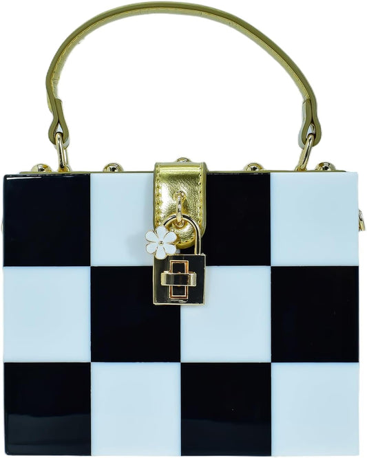Black White Checkerboard Acrylic Clutch Purse Bag Women Box Evening Bags Acrylic Chain Crossbody Handbag(Stitching)