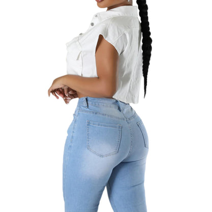 Womens Summer Cute Camo Button Down Cropped Jean Jacket Casual Lapel Outwear Denim Shirts Blouse Top
