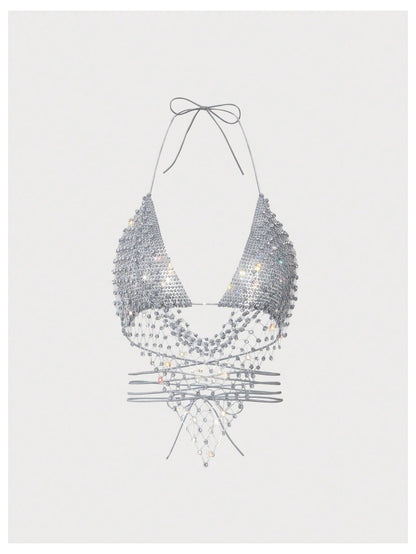 SweatyRocks Women's Glitter Rhinestone Criss Cross Halter Tops Backless Sleeveless Asymmetrical Party Crop Tops