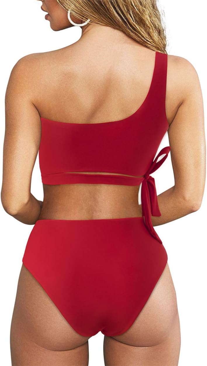 MOOSLOVER Women One Shoulder High Waisted Bikini Tie High Cut Two Piece Swimsuits