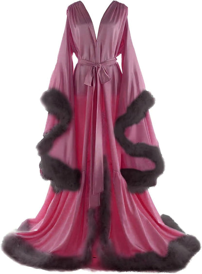 Women's Feather Bridal Robes Old Hollywood Maternity Photoshoot Nightgown Silk Bathrobe Long Lingerie