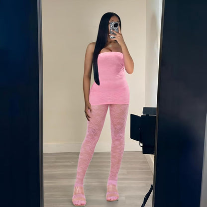 Kafiloe Sexy 3 Piece Outfits for Women Clubwear Lace Tube Mini Dress Top with Stockings Set Birthday Outfits