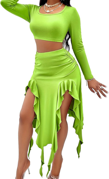 BARASA Women Summer 2 Piece Skirt Sets Comfy Ruffle Trim Irregular Split Sexy Y2k Club Party Tops Jellyfish Skirt Suits S69