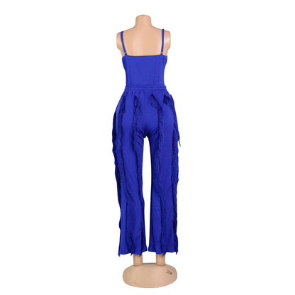 PRIVIMIX Women 2 Piece Outfits Fringe Tassel Long Pants Set Adjustable Suspenders Bodysuit Spaghetti Strap Clubwear Jumpsuits