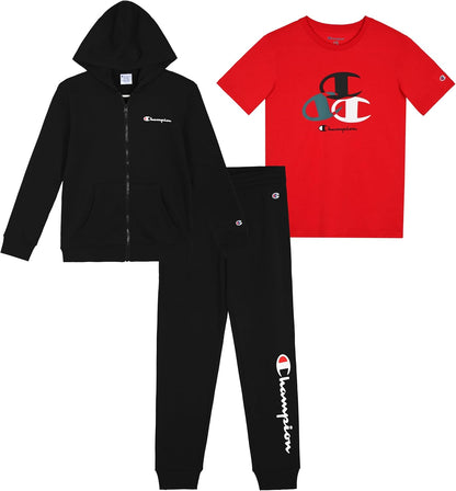 Champion Boys Sweatsuit Set for Kids 3 Piece Boys Hoodie Jogger and Tee Shirt Tracksuit Outfit
