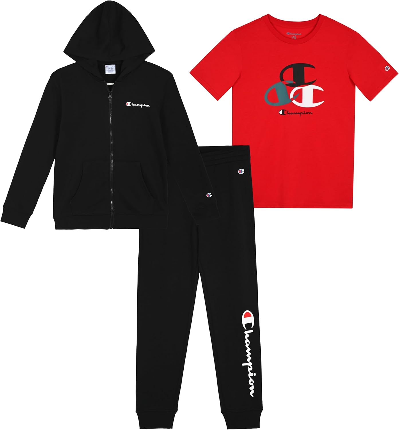 Champion Boys Sweatsuit Set for Kids 3 Piece Boys Hoodie Jogger and Tee Shirt Tracksuit Outfit