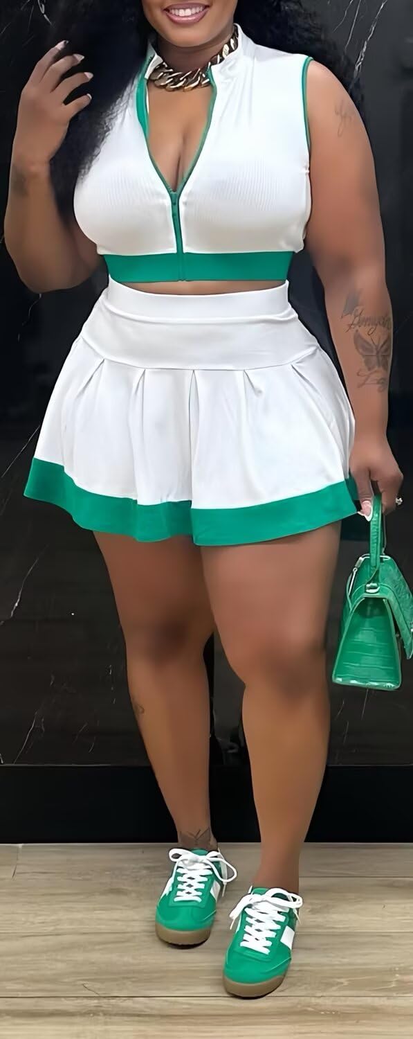Tennis Outfit Skirt Sets Women 2 Piece Outfits Zipper V Neck Crop Tops and Pleated Skirt Set Summer Tracksuits