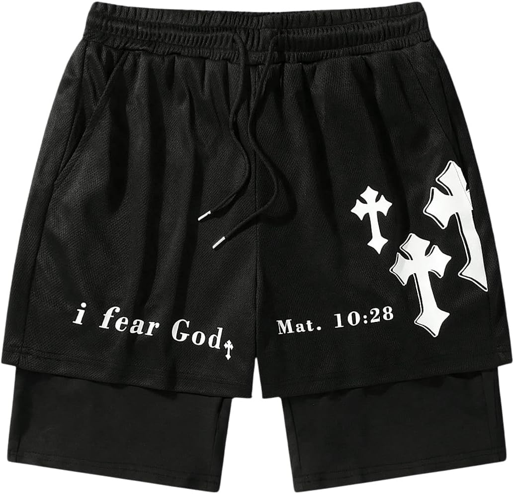 Men's Graphic Shorts with Liner Cross Print Drawstring 2 in 1 Gym Track Bottoms