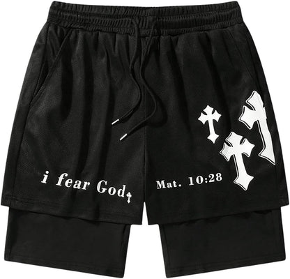 Men's Graphic Shorts with Liner Cross Print Drawstring 2 in 1 Gym Track Bottoms