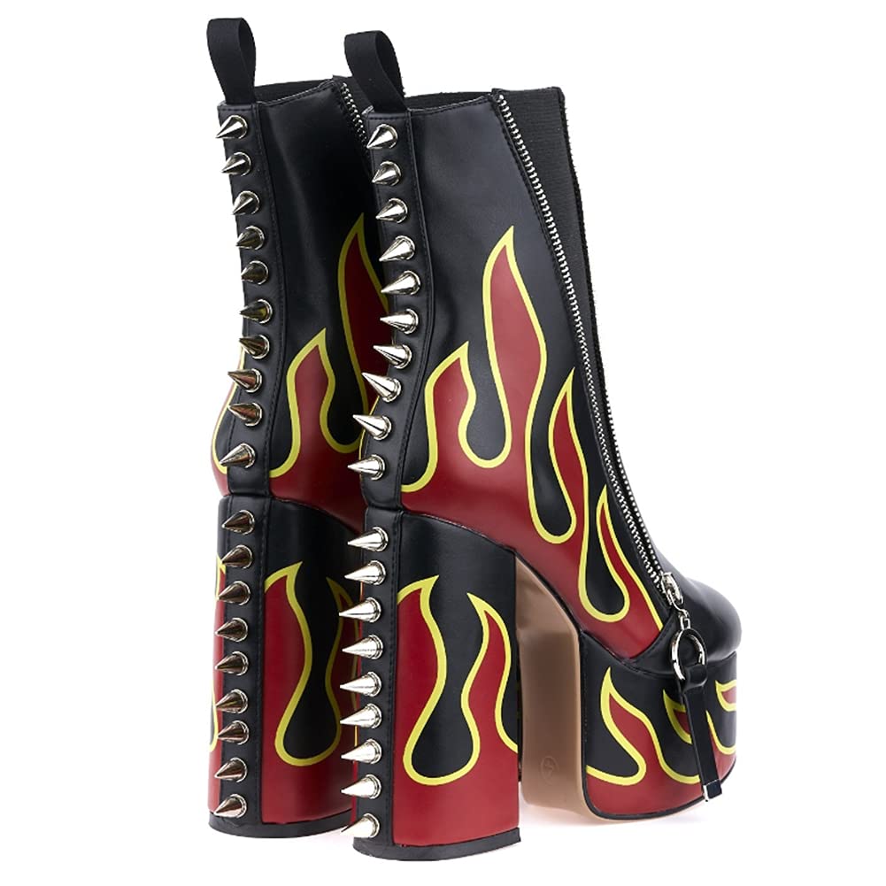 DETOGNI Women's Elastic band High Heels Rivets Ankle Boots Ladies Flames Totem Metal Zipper Thick Heels Punk Booties