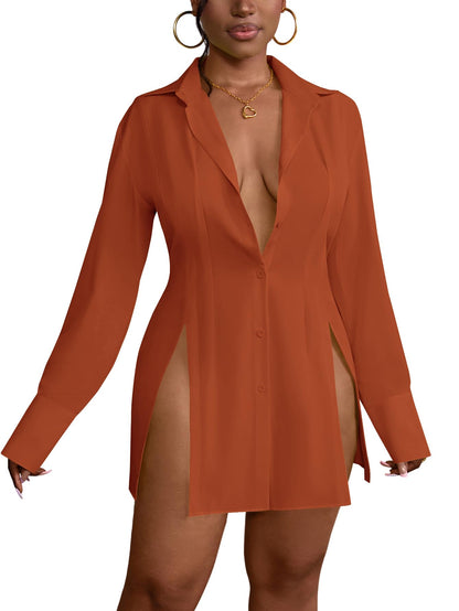LYANER Women's Button Down Shirt Dress Collar V Neck Long Sleeve Slit Sexy Shirt Dresses