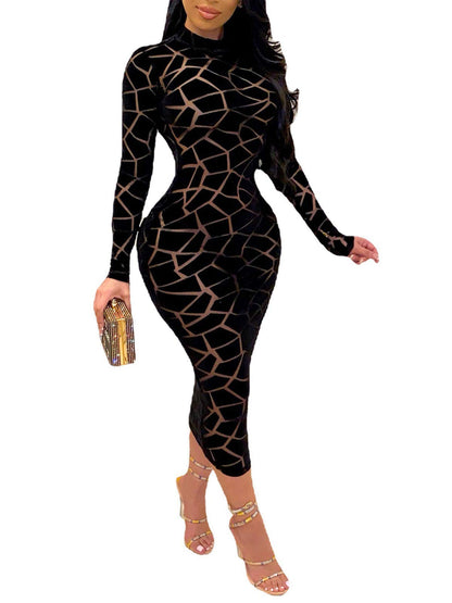 Uni Clau Women Sexy Sheer Mesh Boydcon Midi Dress See Through Printed Long Sleeve Midi Skinny Clubwear Party Dress