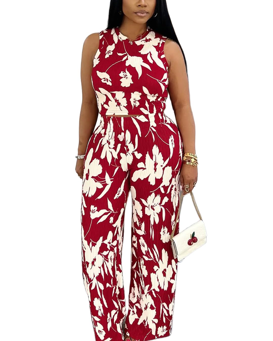 Womens Trendy Ribbed Knit 2 Piece Outfit Sleeveless Crop Top and High Waist Wide Leg Pants Matching Lounge Set