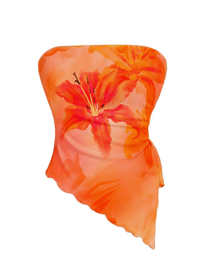 WDIRARA Women's Floral Mesh Strapless Side Ruched Tube Top Asymmetrical Hem Bandeau Crop Tops